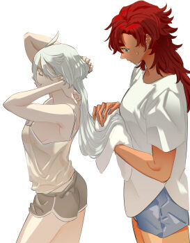 2girls absurdres arms_up bare_arms blue_eyes blue_shorts blush camisole closed_eyes closed_mouth commentary_request dolphin_shorts drying drying_another&#039;s_hair drying_hair grey_shorts gundam gundam_suisei_no_majo hair_focus highres holding holding_towel jacket korean_commentary long_hair looking_at_another miorine_rembran multiple_girls red_hair shirt short-sleeved_jacket short_sleeves shorts simple_background snapagi suletta_mercury sweat towel white_background white_camisole white_hair white_shirt yuri
