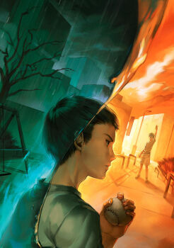 Rule 34 | 2boys, arm up, ball, bare arms, baseball, black eyes, black hair, black shoes, blue shirt, bush, cargo shorts, character request, city, cloud, cloudy sky, commentary, cover, cover page, english commentary, expressionless, fingernails, from behind, full body, highres, holding, holding ball, lamppost, male focus, multiple boys, official art, orange sky, outdoors, parted lips, patipat asavasena, rain, shirt, shoes, short hair, shorts, sidewalk, sky, split theme, swing, t-shirt, thick eyebrows, toshi densetsu sepia, upper body, water, wet, white shirt, white shorts