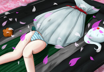 black_bow black_bowtie bow bow_hairband bowtie commentary green_background green_eyes green_skirt green_vest hairband highres hitodama holding holding_sword holding_weapon konpaku_youmu konpaku_youmu_(ghost) limited_palette myon_(phrase) panties parted_lips puffy_short_sleeves puffy_sleeves shirt short_hair short_sleeves simple_background skirt skirt_tied_over_head striped_clothes striped_panties sword touhou underwear vest weapon white_hair white_shirt youmu_day