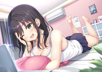 1girl ;d absurdres air_conditioner bare_arms barefoot bed bed_sheet bedroom black_hair black_skirt blush breast_press breasts camisole ceiling chest_of_drawers cleavage collarbone computer curtains cushion feet green_eyes highres indoors laptop large_breasts leaf long_hair looking_at_viewer lying on_bed on_stomach one_eye_closed open_mouth original pleated_skirt sidelocks skirt smile solo the_pose toes utsurogi_akira white_camisole window