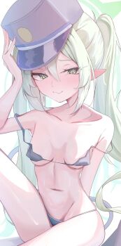 1girl bikini black_bikini blue_archive blue_hat breasts green_hair halo hand_on_own_hat hat kepi knee_up long_hair long_twintails micro_bikini military_hat mumu_(2arlcevpxn83807) navel nozomi_(blue_archive) off-shoulder_bikini off_shoulder pointy_ears sitting skindentation small_breasts smile solo swimsuit tail twintails white_background yellow_eyes