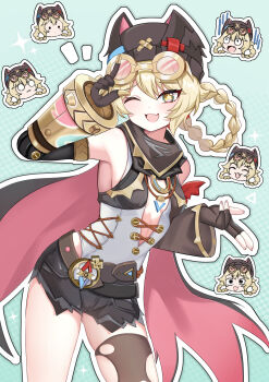 Rule 34 | 1girl, absurdres, arm up, bare shoulders, black gloves, black hat, black shorts, black sleeves, blonde hair, blue background, braid, breasts, brown eyes, brown thighhighs, chibi, commentary request, detached sleeves, fingerless gloves, fingernails, genshin impact, gloves, goggles, goggles on head, hair between eyes, hair rings, hat, highres, jahoda (genshin impact), looking at viewer, multiple views, outline, rinringyo, short shorts, shorts, single thighhigh, small breasts, star-shaped pupils, star (symbol), symbol-shaped pupils, thighhighs, torn clothes, torn thighhighs, twin braids, white outline