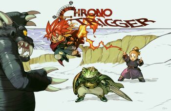 1girl 1other 2boys black_boots black_robe blonde_hair blue_tunic boots chrono_trigger claws cloak colored_skin crono_(chrono_trigger) fangs fighting_stance fire flaming_sword flaming_weapon frog_(chrono_trigger) frog_boy furrowed_brow green_cloak green_skin grey_pants headband highres holding holding_shield holding_sword holding_weapon jumping long_hair marle_(chrono_trigger) monster multiple_boys neckerchief open_mouth optionaltypo orange_neckerchief outdoors pants ponytail red_cloak red_hair redrawn robe sharp_teeth shield shouting snow spiked_hair sword teeth tundra tunic weapon white_headband white_pants winter yellow_eyes