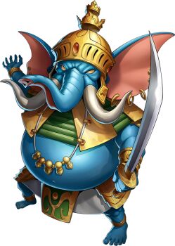 Rule 34 | 1boy, ancient indian clothes, anklet, artist request, blue skin, colored skin, demon (megami tensei), ear piercing, earrings, elephant boy, ganesha (megami tensei), gold anklet, gold earrings, gold helmet, holding, holding sword, holding weapon, jewelry, multiple earrings, necklace, official art, persona, persona 5, persona 5: the phantom x, piercing, shin megami tensei, solo, sword, third-party source, transparent background, tusks, weapon, yellow eyes