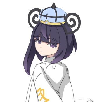 1girl blunt_bangs bob_cut closed_mouth coat commentary_request eyelashes gwynn_(pokemon) hat highres long_sleeves looking_at_viewer looking_back magnemite10718 nintendo pokemon pokemon_legends:_z-a purple_eyes purple_hair smile solo upper_body white_background white_coat