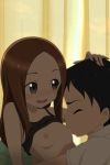 1boy 1girl aki_(yunkana) animated bare_shoulders blush breast_sucking breasts brown_hair kodomo_doushi closed_eyes clothes_lift green_eyes hand_on_another's_head hetero karakai_jouzu_no_takagi-san loli long_hair nipples nishikata open_mouth profile shirt shirt_lift shota small_breasts takagi-san upper_body video white_shirt