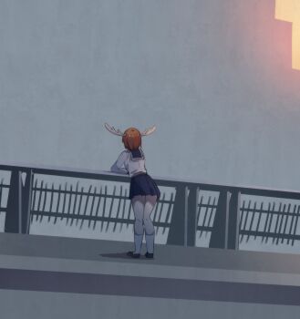 1girl absurdres against_railing antlers black_shoes blue_sailor_collar blue_skirt brown_hair commentary deer_antlers deer_girl english_commentary facing_away fog from_behind highres hinghoi horns kneehighs long_sleeves miniskirt outdoors photo-referenced pleated_skirt railing sailor_collar school_uniform serafuku shikanoko_noko shikanoko_nokonoko_koshitantan shirt shoes skirt socks solo what white_shirt white_socks wide_shot