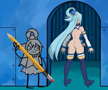 2girls absurdres aqua_(konosuba) artist_name ass blue_footwear blue_hair blue_theme boots colored_skin commentary doodlebob doorway english_commentary from_behind frown full_body grey_skin hair_rings highres holding holding_pencil kono_subarashii_sekai_ni_shukufuku_wo! maho_malice multiple_girls oversized_object parody pencil scene_reference single_hair_ring spongebob_squarepants_(series) standing thigh_boots thighhighs thighhighs_under_boots torn_clothes trembling v-shaped_eyebrows white_thighhighs