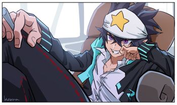 1boy amgkkr aotu_world artist_name bandana black_hair black_pants blue_jacket border candy chair chinese_commentary collared_shirt crossed_legs elbow_rest food grin hair_between_eyes hand_on_own_cheek hand_on_own_face hand_on_own_knee head_rest headband highres holding holding_candy holding_food holding_lollipop indoors jacket lollipop long_sleeves male_focus mouth_hold official_alternate_costume on_chair open_clothes pants pointy_ears print_headband purple_eyes ray_(aotu_world) ray_(campus)_(aotu_world) school_uniform shirt short_hair signature sitting smile solo spiked_hair stalk_in_mouth star_(symbol) star_print teeth teeth_hold white_headband white_shirt window