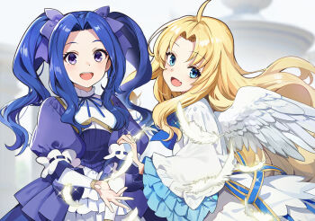 Rule 34 | 2girls, ahoge, blonde hair, blue eyes, blue hair, blush, bow, dress, feathered wings, feathers, filo (tate no yuusha no nariagari), frilled dress, frilled sleeves, frills, long hair, long sleeves, looking at viewer, melty q melromarc, multiple girls, nyoro (nyoronyoro000), purple bow, purple dress, purple eyes, smile, tate no yuusha no nariagari, twintails, white dress, wide sleeves, wings
