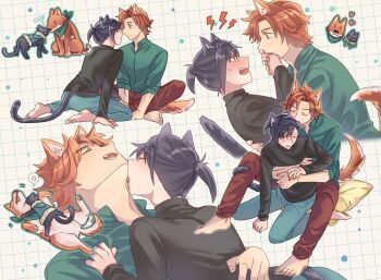 2boys :3 adam&#039;s_apple animal_ear_fluff animal_ears animalization aqua_cape arm_support avarice017 bandana bandana_around_neck barefoot black_cat black_hair blue_pants brown_pants cape cat cat_boy closed_eyes closed_mouth collared_shirt commentary covering_another&#039;s_mouth curtained_hair dog dog_boy english_commentary eye_contact felix_hugo_fraldarius felix_hugo_fraldarius_(timeskip) fire_emblem fire_emblem:_three_houses fur-trimmed_cape fur-trimmed_hood fur_trim green_bandana green_shirt grid_background hood hood_down hug hug_from_behind indian_style jitome kemonomimi_mode kneeling licking licking_another&#039;s_neck long_sleeves looking_at_another lying lying_on_person multiple_boys multiple_views nervous_sweating nintendo noses_touching on_back one_eye_closed open_collar open_mouth orange_eyes orange_hair pants parted_bangs pawpads person_and_animalization pillow ponytail shirt sideways_mouth sitting sleeves_rolled_up sweat sylvain_jose_gautier sylvain_jose_gautier_(timeskip) tail tail_around_another&#039;s_leg tail_wrap teeth tongue tongue_out turtleneck wariza yaoi