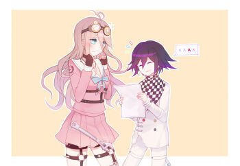 1boy 1girl ^_^ antenna_hair barbed_wire belt belt_buckle black_belt black_choker black_gloves black_scarf blonde_hair blue_bow blue_bowtie blue_eyes blush border bow bowtie breasts brown-framed_eyewear buckle buttons checkered_clothes checkered_scarf chest_belt choker cleavage closed_eyes colored_tips cowboy_shot crest danganronpa_(series) danganronpa_v3:_killing_harmony double-breasted dropping expressive_hair eyes_visible_through_hair fingerless_gloves flustered frown gloves goggles goggles_on_head hair_between_eyes height_difference hiragi_rin iruma_miu jacket jewelry large_breasts long_hair long_hair_between_eyes long_sleeves looking_at_another multicolored_buttons multicolored_hair multiple_belts necklace notice_lines o-ring o-ring_belt oma_kokichi open_belt open_mouth outline outside_border over-kneehighs pants pink_serafuku pink_shirt purple_hair round_eyewear sailor_collar scarf school_uniform serafuku shirt short_hair simple_background sleeves_past_wrists smug socks spiked_belt spoken_x standing striped_clothes striped_socks studded_belt studded_gloves thigh_belt thigh_strap thighhighs torn_clothes torn_jacket trembling two-tone_scarf vertical-striped_clothes vertical-striped_socks very_long_hair wavy_hair white_belt white_border white_jacket white_outline white_pants white_sailor_collar white_scarf white_socks wrench wrist_belt yellow_background