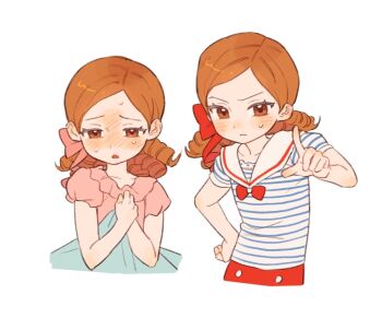 2girls blush bow brown_eyes cropped_torso dress drill_hair forehead hand_on_own_hip long_hair looking_at_viewer multiple_girls multiple_persona nose_blush open_mouth orange_hair original pinstripe_pattern pointing s22uic shirt short_hair short_sleeves simple_background striped_clothes striped_shirt sweat white_background