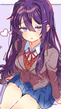 Rule 34 | 1girl, artist name, blue skirt, brown vest, doki doki literature club, doki doki literature club school uniform, dot nose, grey jacket, hair between eyes, hair intakes, hair ornament, hairclip, hashtag-only commentary, heart, highres, jacket, light blush, long hair, looking at viewer, miniskirt, neck ribbon, parted lips, pastel.moch, purple eyes, purple hair, red ribbon, ribbon, school uniform, shirt, sitting, skirt, solo, very long hair, vest, white shirt, yuri (doki doki literature club)