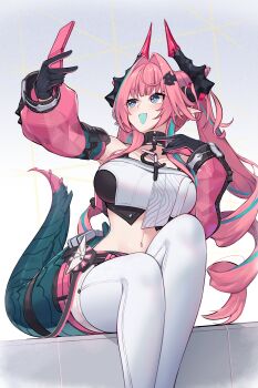 1girl :d absurdres aqua_hair arknights arknights:_endfield arm_up bare_shoulders belt black_gloves blue_eyes breasts cellphone commentary_request crop_top detached_sleeves dragon_girl dragon_horns dragon_tail feet_out_of_frame flip_phone gloves gradient_background hair_intakes hair_ornament hairclip highres holding holding_phone horns large_breasts long_sleeves midriff multicolored_hair navel open_mouth pants phone pink_hair pointy_ears selfie simple_background sitting smile solo sparkling_eyes tail two-tone_hair watchdog_rol_(y1104280730) white_background white_pants yvonne_(arknights)