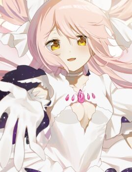 1girl breasts cleavage collarbone commentary dress glint gloves highres kaname_madoka kk_022020 looking_at_viewer magical_girl mahou_shoujo_madoka_magica mahou_shoujo_madoka_magica:_hangyaku_no_monogatari open_mouth pink_hair reaching reaching_towards_viewer sky solo star_(sky) starry_sky ultimate_madoka white_dress white_gloves yellow_eyes