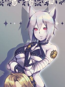 animal_ears bare_shoulders bikini bikini_top_only black_choker black_skirt blonde_hair breasts cat_ears choker closed_mouth diamond_wa_kudakenai expressionless floral_background genderswap genderswap_(mtf) greenpantsu grey_background hair_between_eyes hand_on_own_chest jojo_no_kimyou_na_bouken killer_queen kira_yoshikage lips looking_at_viewer medium_breasts miniskirt red_eyes rose_background shiny_skin short_hair skirt slit_pupils spikes stand_(jojo) standing swimsuit white_hair
