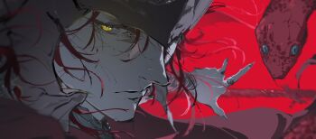 1boy absurdres animal close-up closed_mouth commentary elden_ring elden_ring:_shadow_of_the_erdtree english_commentary eyelashes fingernails floating_hair green_eyes helm helmet highres jewelry male_focus messmer_the_impaler outstretched_arm polearm red_background ring sharp_fingernails slit_pupils snake solo tomoyasu_shu weapon yellow_eyes