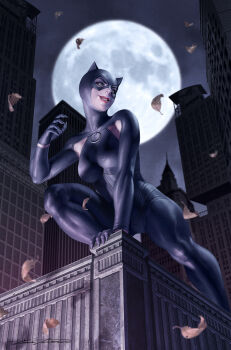 1girl animal_ears armpit_cutout batman_(series) black_bodysuit black_gloves black_mask blue_eyes blurry blurry_background bodysuit cat_ears catwoman catwoman_(comic) city clothing_cutout comic_cover commentary dc_comics english_commentary fake_animal_ears full_moon gloves grin highres leaf looking_to_the_side moon night official_art perched red_lips signature smile solo yoon_junggeun