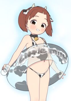 1girl absurdres animal_ear_hairband animal_ears animal_print bell belt_collar bikini black_collar blue_background blush brown_eyes brown_hair collar commentary cow_ears cow_horns cow_print cow_print_bikini cow_tail cowbell crybabyglo fake_animal_ears fake_horns fake_tail flat_chest grin hairband highres horn_hairband horns ichigo_mashimaro innertube loli looking_at_viewer matsuoka_miu micro_bikini milk navel neck_bell parted_lips print_bikini print_innertube short_hair simple_background smile solo string_bikini swim_ring swimsuit tail teeth transparent_innertube twintails