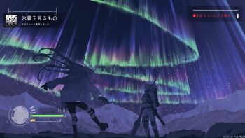 1girl absurdres ahoge aurora backpack bag black_boots black_gloves boots bulletproof_vest commentary_request cyborg gloves health_bar highres holding holding_stick hood hoodie jacket kani_etizen03 knee_pads long_hair night original scenery stick user_interface white_hair white_hoodie white_jacket
