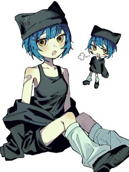 1girl :o absurdres aqua_hair bandaid bandaid_on_arm bare_shoulders beanie ben-day_dots black_shoes black_shorts black_sweater black_tank_top blonde_hair blush_stickers bob_cut breasts commentary deformed earflap_beanie full_body hair_ornament hairclip hairpin hat highres leg_warmers looking_at_viewer multiple_hairpins open_mouth original puff_of_air sashimisu screentones shoes shorts simple_background sitting small_breasts sweater swept_bangs tank_top white_background white_leg_warmers