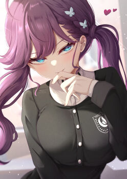 1girl absurdres blue_eyes breasts butterfly_hair_ornament gakuen_idolmaster hair_ornament highres idolmaster kaya_rinha large_breasts long_hair looking_at_viewer purple_hair sky_cappuccino solo twintails