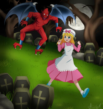 Rule 34 | 1girl, blonde hair, blue eyes, bow, breasts, capcom, claws, demon, demon wings, dress, female focus, genderswap, genderswap (mtf), grass, grave, hat, knight, long hair, makaimura, moon, nervous, night, pink dress, red arremer, running, sir arthur (makaimura), solo, spell, super ghouls nu2019 ghosts, tombstone, transformation, tree, wings