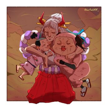 1boy 2girls artist_name black_hair brown_hair closed_eyes closed_mouth highres horns hug kouzuki_momonosuke long_hair luizpaulomm multicolored_hair multiple_girls one_piece oni oni_horns shinobu_(one_piece) smile twintails yamato_(one_piece)