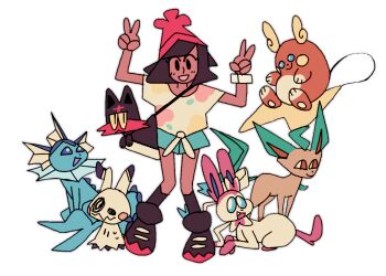 1girl abby_(memedokies) alolan_form alolan_raichu bag beanie bracelet commentary double_v english_commentary gen_1_pokemon gen_4_pokemon gen_6_pokemon gen_7_pokemon hat jewelry leafeon litten looking_at_viewer mimikyu nintendo pokemon pokemon_sm pokemon_team selene_(pokemon) short_hair shoulder_bag sylveon v vaporeon white_background