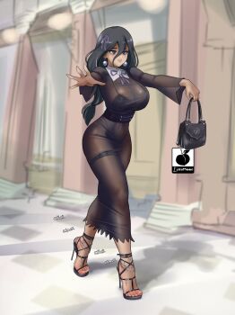 1girl alternate_breast_size_(larger) anklet artist_logo artist_name bag black_dress black_hair black_sandals bra bra_visible_through_clothes breasts dress earrings feet full_body grey_eyes hair_between_eyes hair_ribbon handbag hex_maniac_(pokemon) hex_maniac_(pokemon_legends:_z-a) high_heel_sandals high_heels highres holding huge_breasts impossible_clothes impossible_dress jewelry lace lace-trimmed_panties lace_trim legs lingerie linkartoon logo long_sleeves low_ponytail nintendo open-toe_shoes outdoors panties parted_lips pokemon pokemon_legends:_z-a ponytail purple_ribbon ribbon sandals see-through_clothes see-through_dress shadow sketch_background solo sound_effects stiletto_heels strappy_heels thigh_strap toenails toes underwear wide_sleeves