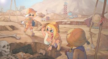 3girls archeology blonde_hair blunt_bangs bone boots briefcase bucket carrying carrying_under_arm clipboard commentary day drawing_(action) english_commentary full_body gloves green_eyes green_neckerchief hat highres holding holding_clipboard holding_pencil holding_shovel inkling inkling_girl inkling_player_character jellyfish_(splatoon) liang_cun_rakuna long_hair looking_at_another multiple_girls neckerchief nintendo nintendo_switch nintendo_switch_pro_controller outdoors parted_lips pencil pointing pointy_ears red_neckerchief running shirt short_hair short_sleeves shorts shovel skeleton socks splatoon_(series) tentacle_hair watch white_gloves white_socks wristwatch yellow_boots yellow_hat yellow_shirt yellow_shorts