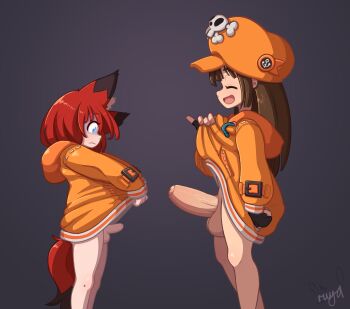 1boy 1futa absurdres animal_ears blue_eyes brown_hair erection fingerless_gloves fox_boy fox_ears fox_tail futanari gloves guilty_gear guilty_gear_strive gurimoe_(riiya_(riiya932)) hat highres hood hoodie huge_testicles large_penis long_hair looking_at_penis may_(guilty_gear) open_mouth orange_hat orange_headwear orange_hoodie original penis penis_awe penis_envy penis_grab penis_size_difference pirate_hat red_hair red_tail riiya_(riiya932) short_hair shota signature simple_background size_comparison small_penis tail testicles trap uncensored