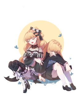 2girls :d absurdres black_boots black_bow black_choker black_dress black_jacket black_shoes black_skirt black_thighhighs blazer blonde_hair boots bow braid breasts bug butterfly chinese_commentary choker cleavage closed_eyes commentary_request dress dual_persona frilled_choker frilled_dress frills full_body hair_bow highres holding holding_phone insect jacket jewelry jimomingdi_jimd knees_up large_breasts long_hair long_sleeves magical_girl mahou_shoujo_no_majo_saiban mole mole_under_eye multiple_girls one_side_up open_mouth phone pleated_skirt puffy_sleeves ring sad saeki_miria school_uniform shoes sitting skirt smile socks thighhighs white_socks