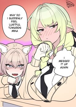 2girls @_@ absurdres animal_ear_fluff animal_ears black_bow black_necktie blue_eyes blush bow braid breast_pocket breast_rest breasts breasts_on_table brown_cardigan brown_eyes brown_hair cardigan cat_ears cat_girl closed_mouth collared_shirt ear_blush english_text failure fangs full-face_blush glowing green_hair hair_bow hair_intakes hair_tie half_up_braid halftone highres hypnosis large_breasts long_hair long_sleeves looking_at_another mind_control mirui09 multiple_girls necktie open_mouth original partially_unbuttoned pocket pointy_ears school_uniform shirt speech_bubble squiggle thought_bubble twin_braids v-shaped_eyebrows white_shirt yuri