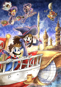 Rule 34 | 1boy, 2017, 3girls, aircraft, airship, belt, blonde hair, blue eyes, blue overalls, boots, broom, broom riding, brown hair, cappy (mario), commission, crossover, dress, facial hair, gloves, hair over one eye, hat, highres, holding, holding mushroom, hooded dress, kagari atsuko, kicdon, little witch academia, long hair, lotte jansson, luna nova school uniform, mario, mario (series), multiple girls, mushroom, mustache, nintendo, odyssey (super mario odyssey), one eye closed, open mouth, overalls, pale skin, pixiv commission, red belt, red eyes, red hat, school uniform, shirt, short hair, smile, sucy manbavaran, sunset, super mario odyssey, tower, white gloves, witch, witch hat