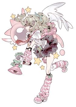 Rule 34 | 1girl, bandaid, bandaid hair ornament, black choker, black skirt, cat, chinatsu remiel, choker, closed mouth, commentary, english commentary, frilled sleeves, frills, from side, full body, fur-trimmed skirt, fur trim, green eyes, green hair, hair ornament, heart, heart hair ornament, highres, holding, holding megaphone, leg up, leg warmers, looking at viewer, megaphone, multiple hair clips, necktie, pink arm warmers, pink bag, pink cat, pink leg warmers, pink shoes, ponytail, red necktie, shirt, shoes, simple background, skirt, solo, standing, standing on one leg, star (symbol), striped arm warmers, striped leg warmers, white background, white shirt, white wings, winged bag, wings, xjgfhvg, zenless zone zero