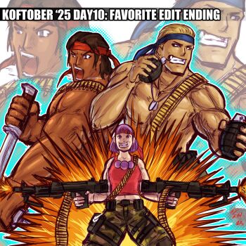 1girl asamiya_athena bandana breasts clark_still female_focus hairband headband highres huge_breasts large_breasts military muscular muscular_female muscular_male purple_eyes purple_hair ralf_jones shirt short_hair standing tank_top taurence_bell the_king_of_fighters thick_thighs thighs