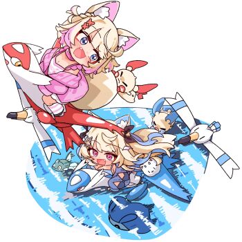 2girls animal_ear_fluff animal_ears black_ribbon blonde_hair blue_eyes blue_hair blue_streaks border breasts cleavage commentary crossover deformed dog_ears dog_girl dog_tail english_commentary fang flying from_above full_body fuwawa_abyssgard fuwawa_abyssgard_(casual) gen_2_pokemon gen_3_pokemon gen_4_pokemon grabbing_another's_tail hair_ornament hair_ribbon highres hololive hololive_english jacket jadea5124 large_breasts latias latios leg_warmers legendary_pokemon long_hair mantyke minun mococo_abyssgard mococo_abyssgard_(casual) multicolored_hair multiple_girls nintendo ocean official_alternate_costume official_alternate_hairstyle open_mouth outdoors outside_border perroccino_(fuwamoco) pink_eyes pink_hair pink_jacket pink_leg_warmers pink_streaks plusle pokemon pokemon_(creature) remoraid ribbon riding riding_pokemon shirt short_hair siblings sisters smile streaked_hair striped_leg_warmers tail twins virtual_youtuber white_border white_leg_warmers white_shirt wingull x_hair_ornament