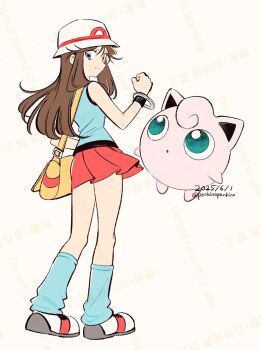 Rule 34 | 1girl, :o, bag, black background, blue eyes, blue leg warmers, blue shirt, brown hair, floating, full body, gen 1 pokemon, green (pokemon), hat, highres, jigglypuff, leg warmers, long hair, looking at another, looking at viewer, nintendo, pink fur, pokemon, pokemon (creature), pokemon adventures, ponkinoponkino, red skirt, shirt, shoes, shoulder bag, skirt, sleeveless, sleeveless shirt, standing, white background, white hat, white shoes, wristband, yellow bag