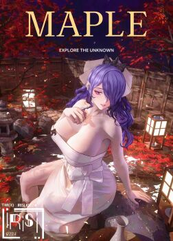 1girl artist_name bare_shoulders bathrobe bottle breasts camilla_(fire_emblem) camilla_(hostile_springs)_(fire_emblem) cleavage english_text fire_emblem fire_emblem_fates fire_emblem_heroes hair_over_one_eye hand_on_own_chest irisli0224 large_breasts leaf maple_leaf nintendo official_alternate_costume one_eye_covered onsen outdoors ponytail purple_eyes purple_hair sake_bottle sitting solo water wavy_hair
