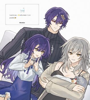 1boy 1other 2girls :d :p absurdres baby black_sweater black_tank_top blue_ribbon blue_skirt blush_stickers brown_cardigan cardigan carrying carrying_baby carrying_person collared_shirt dr._ratio_(honkai:_star_rail) english_text eyeshadow family father_and_child father_and_daughter fingers_to_cheeks frilled_shirt_collar frilled_skirt frilled_sleeves frills grey_hair grin hair_ornament highres honkai:_star_rail honkai_(series) if_they_mated ikasuyosei long_hair long_sleeves makeup medium_hair mother_and_child mother_and_daughter multiple_girls neck_ribbon open_cardigan open_clothes open_mouth pacifier purple_hair red_eyes red_eyeshadow request_inset ribbon shirt shirt_tucked_in short_hair skirt smile stelle_(honkai:_star_rail) swaddled sweater tank_top tongue tongue_out trailblazer_(honkai:_star_rail) turtleneck turtleneck_sweater wavebox white_shirt yellow_eyes yellow_pupils