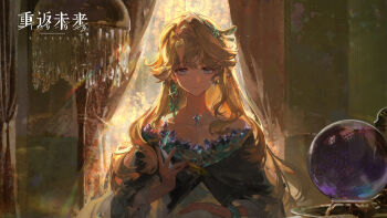 1girl backlighting bare_shoulders beryl_bouanich black_cloak blonde_hair blue_eyes cloak closed_mouth copyright_name crescent crescent_earrings crystal_ball crystal_earrings curtains day dragonfly_hair_ornament dress earrings floating_earrings hand_up highres jewelry logo long_hair looking_at_viewer mismatched_earrings official_art reverse:1999 smile solo upper_body white_dress window