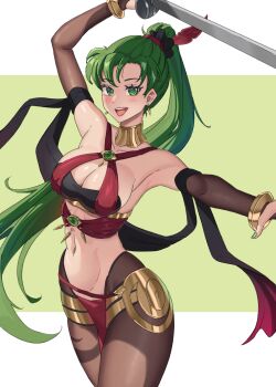 1girl absurdres alternate_costume armpits bare_shoulders blush bracelet breasts bridal_gauntlets cleavage cosplay criss-cross_halter dancer dorothea_arnault dorothea_arnault_(cosplay) dorothea_arnault_(plegian) dorothea_arnault_(plegian)_(cosplay) earrings emmettart fire_emblem fire_emblem:_the_blazing_blade fire_emblem_heroes gold_collar green_eyes green_hair hair_ornament halterneck harem_outfit high_ponytail highres holding holding_sword holding_weapon jewelry large_breasts loincloth long_hair looking_at_viewer lyn_(fire_emblem) navel nintendo open_mouth pantyhose pelvic_curtain ponytail sideboob smile solo sword thighlet very_long_hair weapon