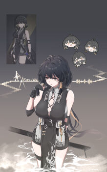1girl bare_shoulders black_dress black_gloves black_hair black_shorts blush breasts cleavage commentary_request cross-laced_clothes cross-laced_dress dress elbow_pads female_rover_(wuthering_waves) game_screenshot_inset gloves hair_ornament highres large_breasts looking_at_viewer low-tied_sidelocks multiple_views open_mouth pelvic_curtain presenting_breasts prototype_design road757 rover_(wuthering_waves) screenshot_inset short_hair shorts sidelocks sleeveless sleeveless_dress sword thighs weapon wuthering_waves yellow_eyes