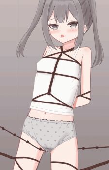 1girl animated animated_gif arms_behind_back bdsm blush bondage bound bound_arms bound_legs breasts camisole closed_eyes collarbone covered_erect_nipples crotch_rub female_ejaculation grey_eyes grey_hair grey_panties heart heart_print loli long_hair looking_at_viewer masturbation navel open_mouth orgasm original panties print_panties pussy_juice pussy_juice_stain rope shibari shooko small_breasts stained_panties standing twintails underwear white_camisole