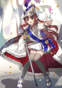 1girl arknights artist_name black_thighhighs blue_sash drum_major eihi flag green_eyes hat hat_feather highres holding holding_flag long_hair long_sleeves looking_at_viewer myrtle_(arknights) myrtle_(light_gold_celebration)_(arknights) open_mouth pointy_ears red_hair sash shako_cap shirt signature skirt smile solo thighhighs v whistle white_flag white_hat white_shirt white_skirt