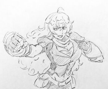 1girl ahoge blonde_hair breasts cleavage ember_celica_(rwby) kubo_tite_(style) large_breasts long_hair purple_eyes rakusakugk rwby yang_xiao_long