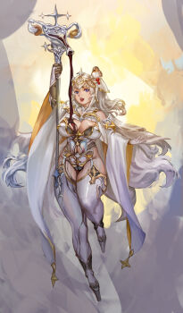 1girl absurdres alternate_costume animal animal_on_head arm_up bird bird_on_head black_leotard blue_eyes breasts chiibou_(cookie) commentary_request cookie_(touhou) curvy d_tomoki floating full_body garter_straps gloves gold grey_footwear high_heels highres holding holding_staff large_breasts leotard lips long_hair looking_at_viewer on_head open_mouth revealing_clothes shinki_(touhou) smile solo sparrow staff thick_thighs thighhighs thighs touhou touhou_(pc-98) very_long_hair white_gloves white_hair white_thighhighs wide_sleeves