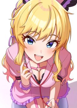 1girl blonde_hair blue_eyes blush breasts cleavage commentary_request dress frilled_dress frilled_wrist_cuffs frills hair_ribbon halterneck highres holding holding_stethoscope idolmaster idolmaster_cinderella_girls long_hair looking_at_viewer medium_breasts niban_(puka_0507) o-ring ohtsuki_yui open_mouth pink_dress puffy_short_sleeves puffy_sleeves ribbon short_sleeves smile solo stethoscope thighs wavy_hair wrist_cuffs